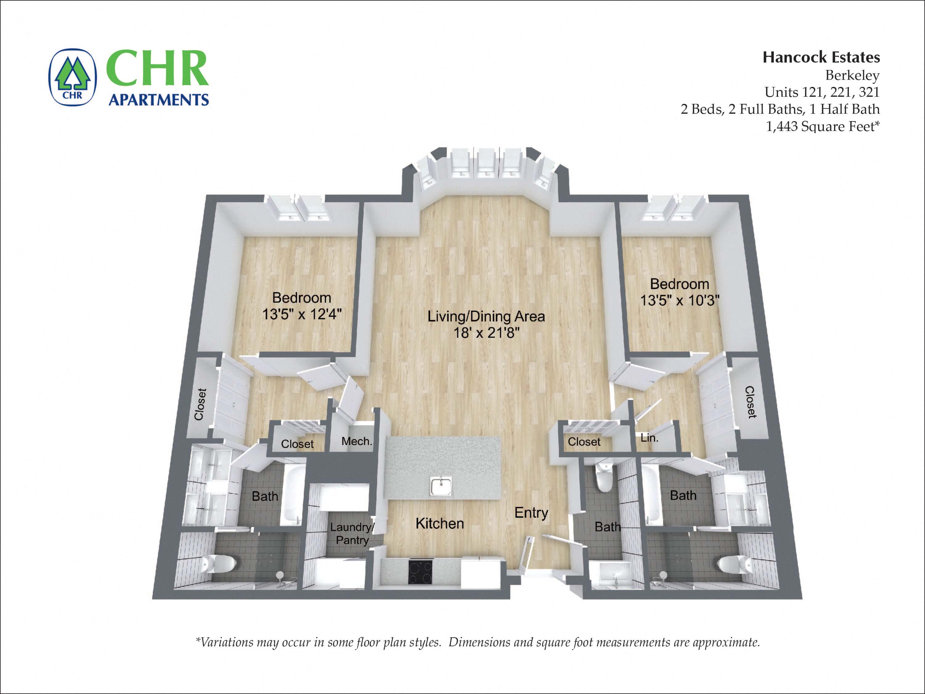 Floor plan for 2 beds, 2.5 baths, 1857 sqft